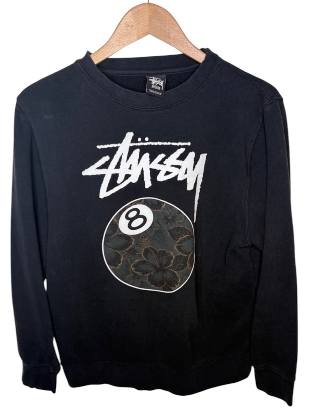 Stussy Black Floral Eight Ball Crewneck Sweatshirt Men Size Medium BLEMISH